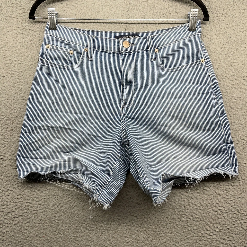 Calvin Klein Womens Short Blue Striped High Rise Straight Pockets Logo Size 4 - Image 1 of 4