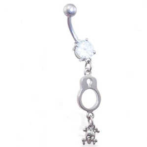 Bauchring Handschelle mit Totenkopf & klarem Edelstein baumeln Marine Stahl  - Bild 1 von 3