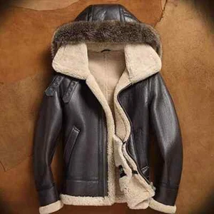 Men’s B3 RAF Bomber Removeable hood Brown Fur Shearling Real Leather Jacket Coat - Picture 1 of 9