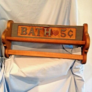 Wall shelf with towel bar Rustic Wood 19.5" "Bath 5 cents" $29.99 - Picture 1 of 12