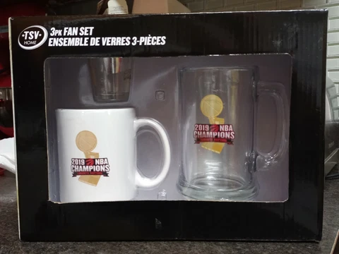 2019 Toronto Raptors NBA Champions Set of Mug, Shot Glass, Glass Unopened in Box Cover