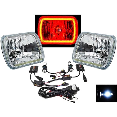 7X6" Red COB LED Halo Headlight 6000k HID Light Bulb Glass Headlamp Pair - Image 1 of 4