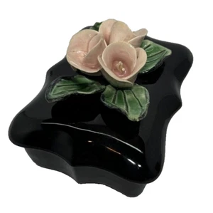 VTG Fleurette Ceramics California Blushing Rose Black Trinket Jewel Card Box - Picture 1 of 12