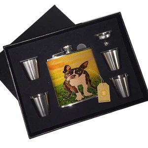 Boston Terrier Puppy Leather Flask Black Box Gift Set - Picture 1 of 2