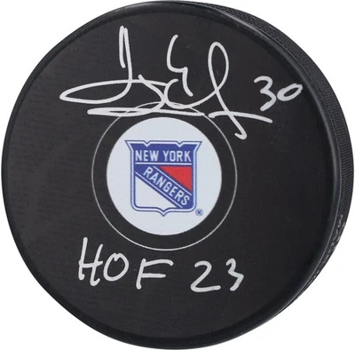 Henrik Lundqvist New York Rangers Signed Hockey Puck with "HOF 23" Inscription - Image 1 of 3