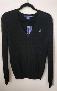Womens Polo Ralph Lauren Sport V Neck Black Cable Knit Pull Over Sweater Sz XL - Picture 1 of 9
