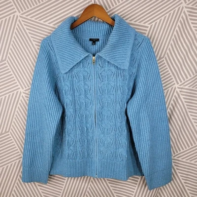 Suéter Chaqueta Cárdigan Talbots Azul Haze Tweed Pointelle Tejido con Cable Plus 1X Cremallera Foto 1 de 4