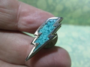 Silver Tone Lightning Bolt Lapel Hat Pin with Crushed Turquoise Inlay - / 6D - Picture 1 of 4