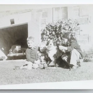Vintage Photo Children Outside With Their Dog Family Snapshot - Picture 1 of 6
