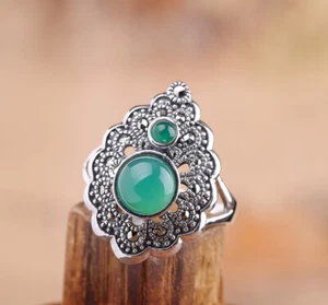 I03 Ring Silber 925 Tropfen mit Büte grüner Chalzedon Markasit größenverstellbar - Bild 1 von 2