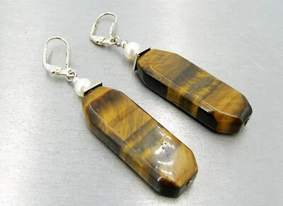 OPERHAUS Muschelkernperle & Tigerauge Ohrringe Ohrhänger earrings Klappbrisuren - Bild 1 von 2