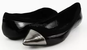 $280 ELIE TAHARI TAYLOR Pewter Black Patent Leather Designer Flats 5 EUR 35 - Picture 1 of 4