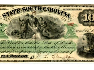 $10 "SOUTH CAROLINA" (GREEN OVERPRINT) SOUTH CAROLINA" 1800'S $10 CRISPY!!!! - Picture 1 of 3