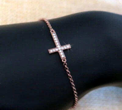 925 ECHT SILBER, Rotgold *** Kreuz Armband Zirkonia  vergoldet 16-18 cm - Bild 1 von 4