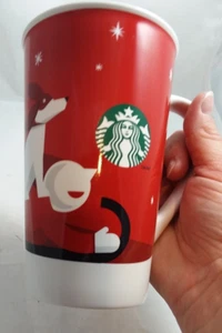 Starbucks Tall 16 Oz Coffee Mug Christmas Red Dog Sledding with Boy Mug Tea Cup - Picture 1 of 10