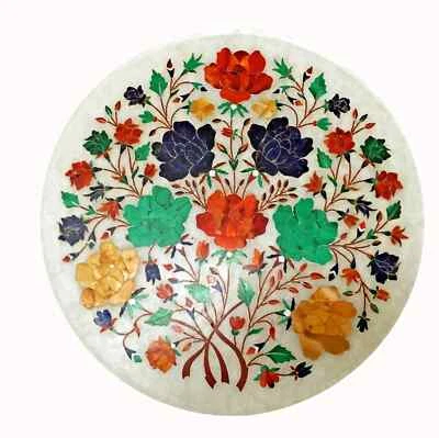 15"Round Marble Garden Table with Floral Stone Inlay –Outdoor Patio Bistro Table - Image 1 of 4