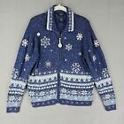 Shaver Lake Sweater Womens L Blue Beaded Snowflake Knit Full Zip Winter Holidays