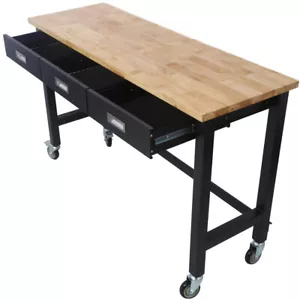 60in Work Bench, Workbench with Drawer Storage, Bamboo Wood Work Table w. Wheels - Picture 1 of 24
