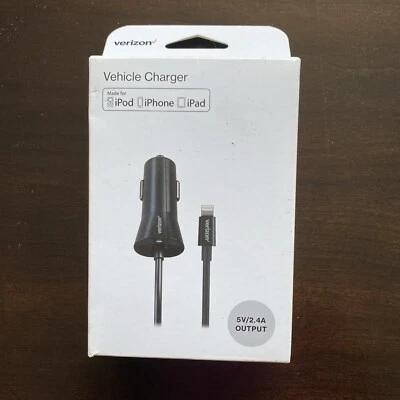 Verizon VPC24LGHT-M 5 V/ 2.4A Output Black Coiled Car Charger for Apple Phones - Image 1 of 4