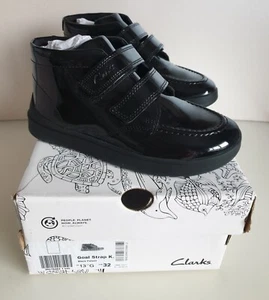 CLARKS X RAHEEM STIRLING UK 13 G EU 32 BLACK Patent Ankle Girls Boys Boots Shoes - Picture 1 of 14