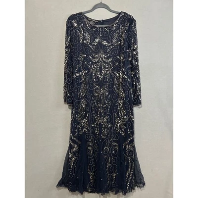 Pisarro Nights Navy Beaded Sequin Gown Formal Evening Maxi Dress Womens Size 22W - Image 1 of 4