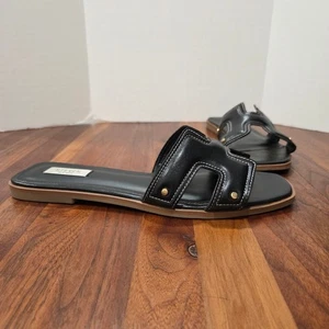 Steven Harlien Black Slide Sandals with Gold Accents Square Toe Slip On Size 11 - Picture 1 of 11