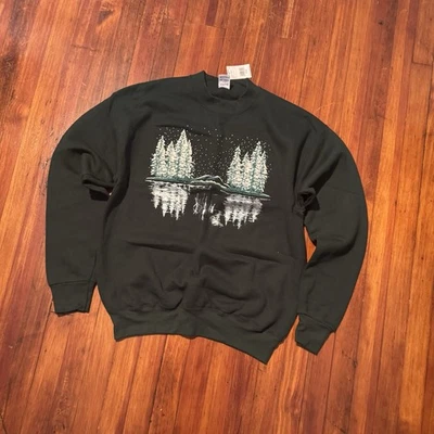 Vintage 90s forest green graphic sweater NWT, size L, made in USA - Image 1 of 4