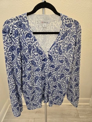 Liz Claiborne Vintage Y2K XL Blue White Paisley Print Pullover V-Neck Sweater - Image 1 of 4