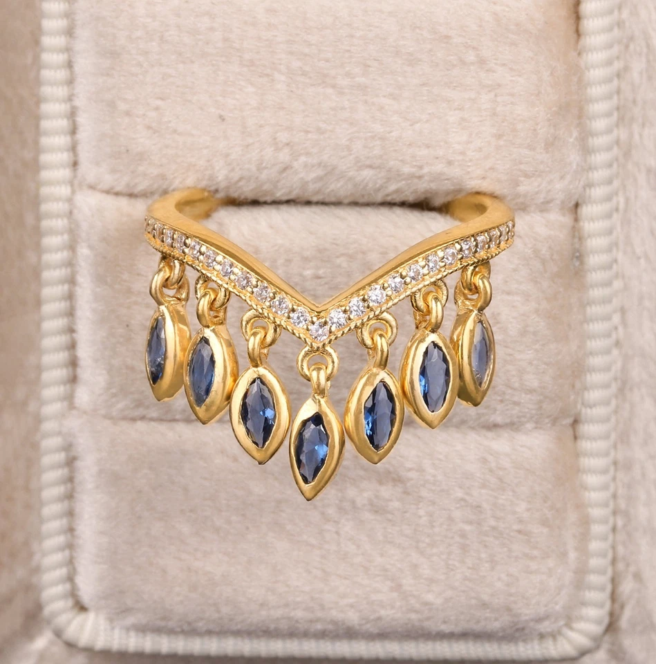 Marquise Shape Blue Sapphire Dangle Drop Ring, Moissanite Curved Stackable Ring - image 1 of 4