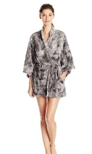 Natori Morgenmantel Kunstfell Kimonoärmel dunkelgrau knielang Schalkragen XL neu mit Etikett - Bild 1 von 3