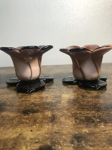 Hand Blown Glass Flower Candle Holder Maue Pink And Green Lot Of 2 - Picture 1 of 14