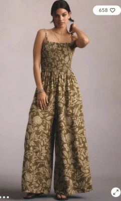 NWT Anthropologie Pilcro Smocked Jumpsuit Green Floral Linen  Size L  Wide Leg - Image 1 of 4