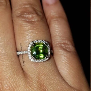Cushion Cut Peridot Ring, Peridot Ring Set in Sterling Silver, Peridot Ring - Picture 1 of 3