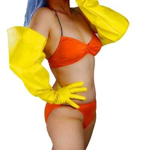 Banana Bright Yellow 70cm Long Leather GLOVES PUFF SLEEVES Faux PU Loose Fit - Picture 1 of 14