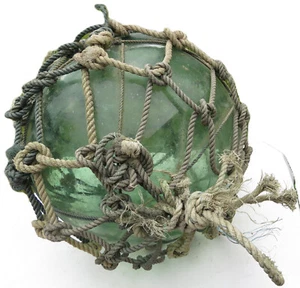 Asian GLASS Fishing Float XL 14" Green Dbl-Net As Found: Grubby Vntg 25R USA BZ - Picture 1 of 11
