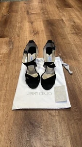 Jimmy Choo Women's Vamp Suede Strappy Ankle Heels Black Gold Tone Sz 39.5 US 8.5 - Picture 1 of 9