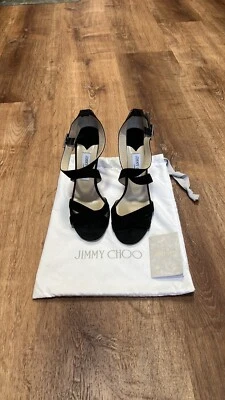 Jimmy Choo Women's Vamp Suede Strappy Ankle Heels Black Gold Tone Sz 39.5 US 8.5 - Image 1 of 4