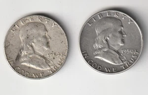 USA ,2 Liberty Franklin full silver silver fifty cent coins 1950 and 1954 - Foto 1 di 2