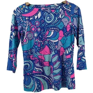 Top Lilly Pulitzer donna XS Alida scollo barca manica 3/4 multi mare gioielli blu rosa - Foto 1 di 7