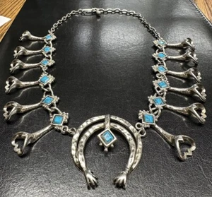Vintage Squash Blossom Faux Turquoise Necklace, Not Sterling Silver 21” - Picture 1 of 13