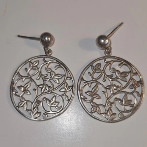 Vintage Sterling Silver Round Open Scrolling Vines Dangle Pierced Earrings - Picture 1 of 7