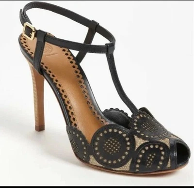 Sandalia de tacón alto TORY BURCH, ALEXA de cuero genuino punta abierta negra y tostada talla 6,5 Foto 1 de 4