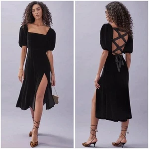 REFORMATION Jocelyn Samt Midikleid Puffärmel Schnürung hinten offen schwarz Gr. 2 - Bild 1 von 18