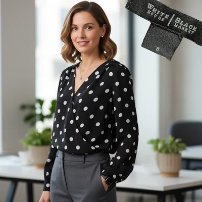 WHITE HOUSE BLACK MARKET Polka Dot Faux Wrap Blouse Top Womens Size 8 - Image 1 of 4