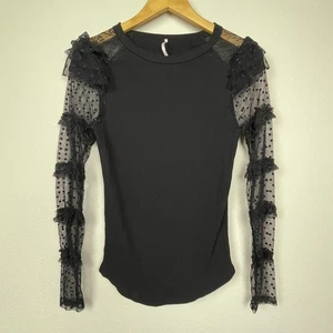 Free People M Black Ribbed Knit Sheer Lace Polka Dot Top Witchy - Picture 1 of 6