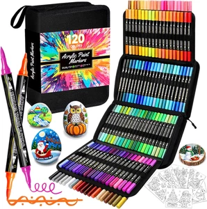 120 Colori Pennarelli Acrilici, Acrylic Paint Marker Brush Doppia Punta(Fine E a - Foto 1 di 12