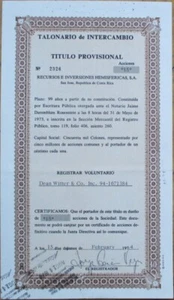 San Jose, Costa Rica 1974 Bond Certificate, Dean Witter Talonario de Intercambio - Picture 1 of 1