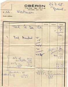 1968 Oberon Watch Company Receipt - Paris, France - Vintage - Bild 1 von 2