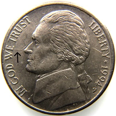 1994 P Jefferson Nickel - Spiked Head Die Crack SKH-5c-1994P-05- Rare Error Coin - Image 1 of 4