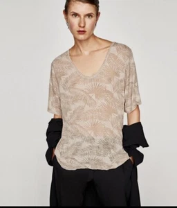 Zara Palm Trees T-shirt with Round Neckline- SZ S Hi-Low Top - Picture 1 of 7